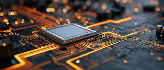 Poster - The intricate design of a microchip on a futuristic circuit board.