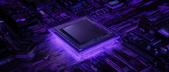 Fototapete - The innovative microchip glowing on a modern circuit board background.