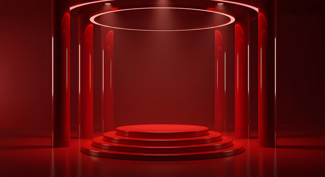 Red Stage Design Elegant Podium with Columns and Lighting