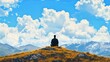 © Cosmic Edge - Person seating on hilltop surrounded by mountain landscape under a vast sky with bright clouds during daytime
