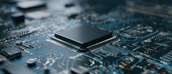 Poster - The close-up view of a microprocessor on a complex circuit board.