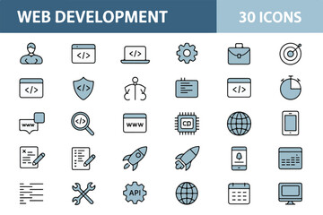 Collection of web development icons representing various aspects of the industry isolated on white background