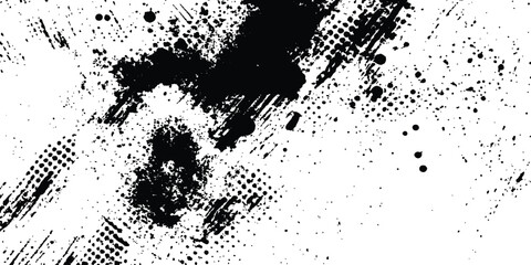 Fototapete - Abstract halftone background featuring a mix of black and white halftone dots and brush strokes. Vector black ink splatter brush stroke on diagonal halftone background.