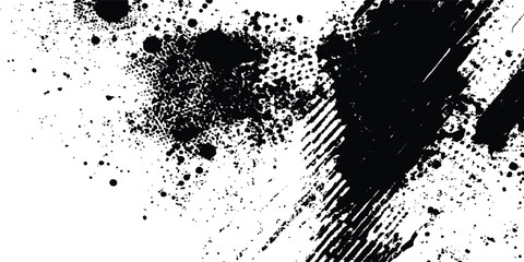 Fototapete - Abstract halftone background featuring a mix of black and white halftone dots and brush strokes. Vector black ink splatter brush stroke on diagonal halftone background.