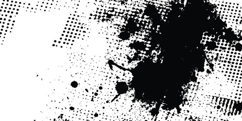 Fototapete - Abstract halftone background featuring a mix of black and white halftone dots and brush strokes. Vector black ink splatter brush stroke on diagonal halftone background.