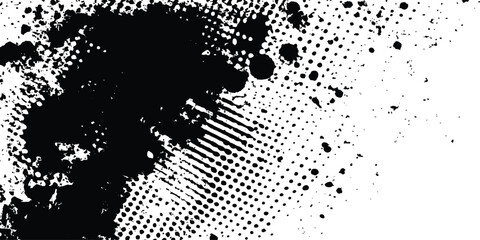 Fototapete - Abstract halftone background featuring a mix of black and white halftone dots and brush strokes. Vector black ink splatter brush stroke on diagonal halftone background.