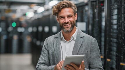 Poster - In a modern data center, a confident man stands with a tablet, smiling and engaged in his work. Rows of servers provide a high-tech backdrop, showcasing a professional atmosphere.