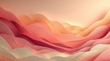 Poster - This artwork features a serene paper landscape with flowing waves in gentle pink and cream hues. The design captures a tranquil atmosphere, reminiscent of early morning light.