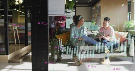 Poster - Overlay appearing as two women comparing data through laptop and smartphone in business lounge