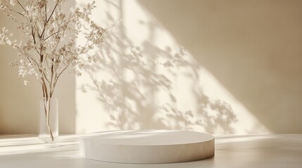 Poster - Modern minimalist interior with a round display pedestal and a decorative flower vase under soft lighting