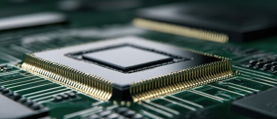Fototapete - The intricate design of a microchip on a green circuit board.