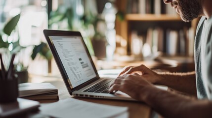 Poster - Person working on laptop in cozy home office surrounded by plants and books during daytime in a warm, inviting atmosphere