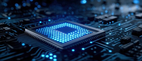 Poster - The modern microchip glowing on a complex electronic circuit board.