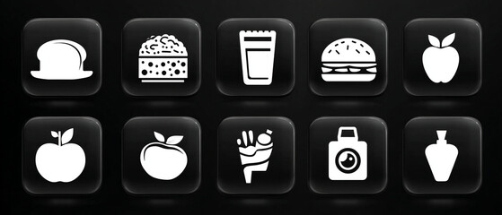 Poster - A collection of black and white icons featuring food, drink, and other miscellaneous objects