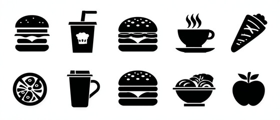 Poster - A collection of black and white food icons including burgers, drinks, fruit and other items displayed