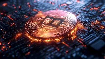 Poster - Electronic Golden Coin on Dark Circuit Board Futuristic Digital Economy