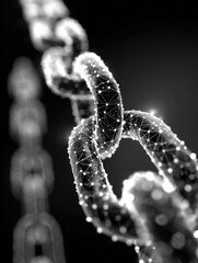 Poster - Futuristic digital chain with glowing node and line connections in monochrome, representing technology, security, and network concepts for blockchain, data link, or cyber themes, ideal for digital art