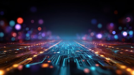 Aufkleber - Futuristic digital landscape with glowing circuitry and colorful bokeh lights creating a tech-inspired atmosphere.