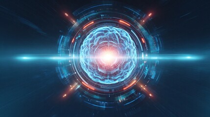 Aufkleber - Futuristic digital representation of a brain with glowing patterns and light effects, symbolizing technology and artificial intelligence.