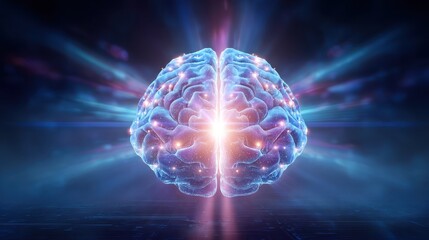 Aufkleber - A digital representation of a brain emitting light rays, symbolizing intelligence, creativity, and technology.