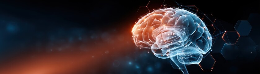 Poster - Digital illustration of a brain with glowing lines and hexagonal patterns, suggesting neural connections and technological concepts.
