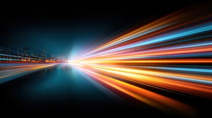 Aufkleber - Dynamic light trails illuminate a cityscape at night, creating an energetic atmosphere with vibrant colors and reflections on the water.