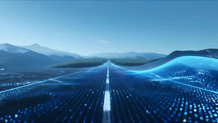 Poster - abstract digital landscape with blue mountains under blue sky scenery and futuristic lines