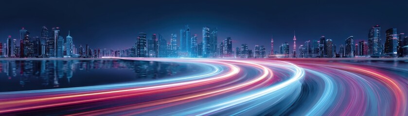 Poster - Urban skyline at night with illuminated buildings and light trails on a waterway, creating a vibrant, dynamic atmosphere.