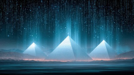 Aufkleber - Surreal digital landscape featuring three pyramids with a cascading waterfall of binary code, creating a mystical atmosphere.