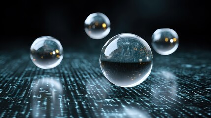 Aufkleber - Floating transparent spheres reflect lights against a digital backdrop, creating a futuristic and abstract visual effect.