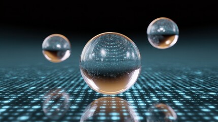 Aufkleber - Floating glass-like spheres in a digital landscape create a visually striking, futuristic scene with reflections and depth.