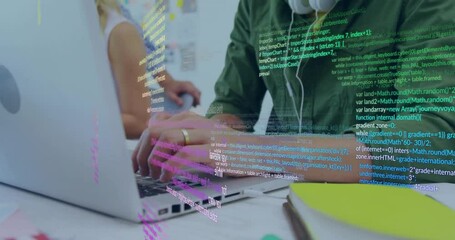 Poster - Software developer typing code on laptop causing overlay intensifying and coworker holding coffee