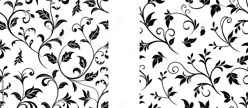 Vector art of an elegant seamless pattern with black leaves and vines ...