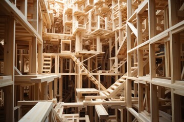 Poster - Intricate wooden framework resembling a building interior, creating a maze like structure with stairs and platforms