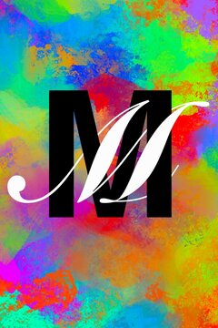 double style typographic drop cap on digitally painted multicolored background, graphic design and lettering, letter M