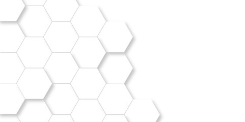 Fototapete - Abstract geometric vector minimal white lines Hexagonal structure futuristic white background and Embossed Hexagon , honeycomb white mosaic cell web ,light and shadow texture design.	