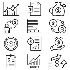 Poster - Outline icons depicting financial growth, charts, money bag, and dollar exchange arrangements shown
