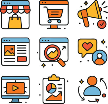 Online store, shopping cart, megaphone, web page, search, love message, video, report, and client icons