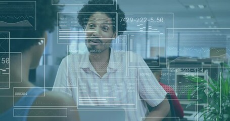 Poster - Woman addressing coworker at desk, conversation initiating digital overlays showing finance charts