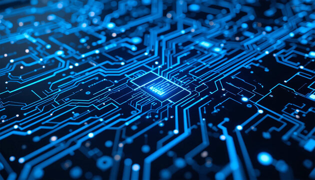 Abstract blue glowing circuit board illustrating advanced technology and digital data