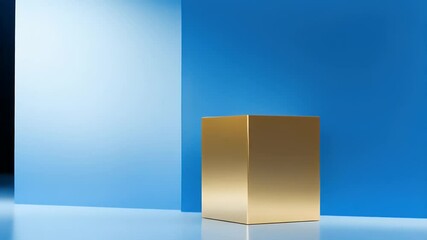 Poster - Golden Geometric Cube Against Blue Background in Studio Lighting Style
