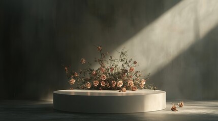Poster - Elegant arrangement of dried roses on minimalistic pedestal under soft lighting in neutral-toned space
