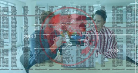 Poster - Female coworker clicking trackpad while colleague gestures at red globe analyzing business timeline