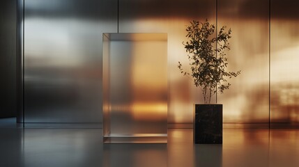 Poster - Modern interior decor featuring translucent sculpture and minimalist plant arrangement in a contemporary space