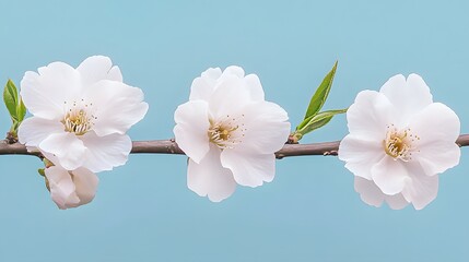 three delicate white almond blossoms on branch