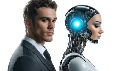 Poster - Futuristic portrait of a man and a cyborg woman. AI technologies in everyday life. Symbiosis of man and machine: the man turns to the camera, and the cyborg has a blinking element.