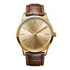 Elegant gold wristwatch with brown leather strap isolated on a transparent background accessory