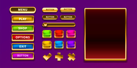 Wall Mural - Game Golden frame and button, label set color, event bar button, gold signboard. Vector illustration