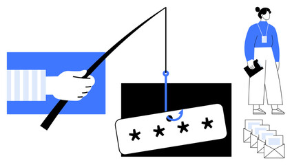 Poster - Hand holding fishing rod with password hook, password card, stack of emails, and concerned user for internet security. Ideal for cyber threats, online safety, digital protection, data breach risk
