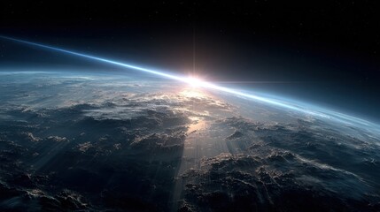 Wall Mural - sunrise illuminates the edge of earth with radiant light, casting reflections on clouds. the vastnes